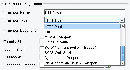 B2B Adapters Transport Configuration drop down menu