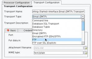 FTP Over SSL Transport, Transport Type dropdown menu 