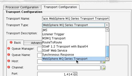 WebSphere MQ Series Transport Type dropdown
