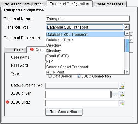 Database SQL Transport panel