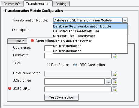 Database SQL Transformation Module panel