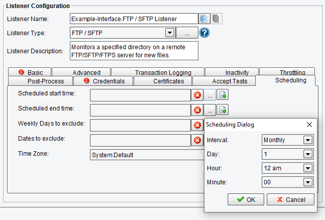 FTP/SFTP Listener Scheduling Options in PilotFish Interface Engine