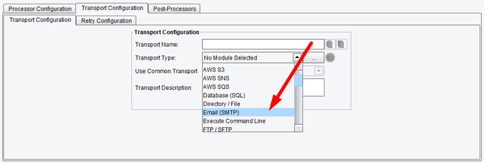 Email SMTP Transport Configuration Selection in PilotFish eiConsole