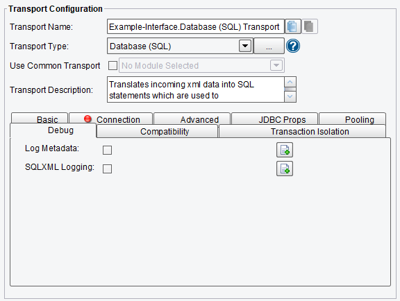 SQL Database Transport Debug Configuration Options in eiConsole