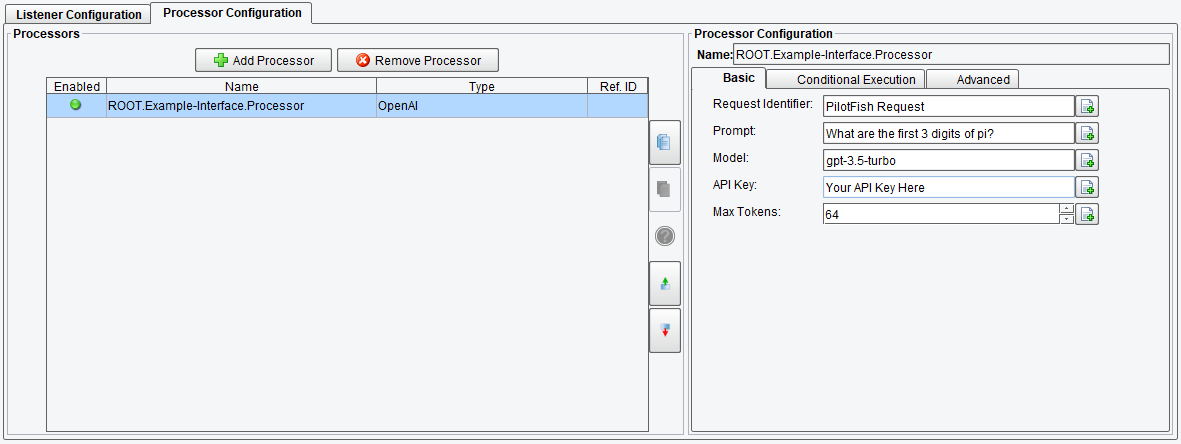 Basic Configuration Options of OpenAI Processor in PilotFish Software