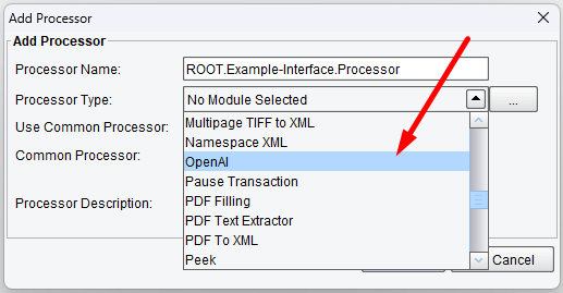 Selecting OpenAI from Processor List in PilotFish Integration Engine
